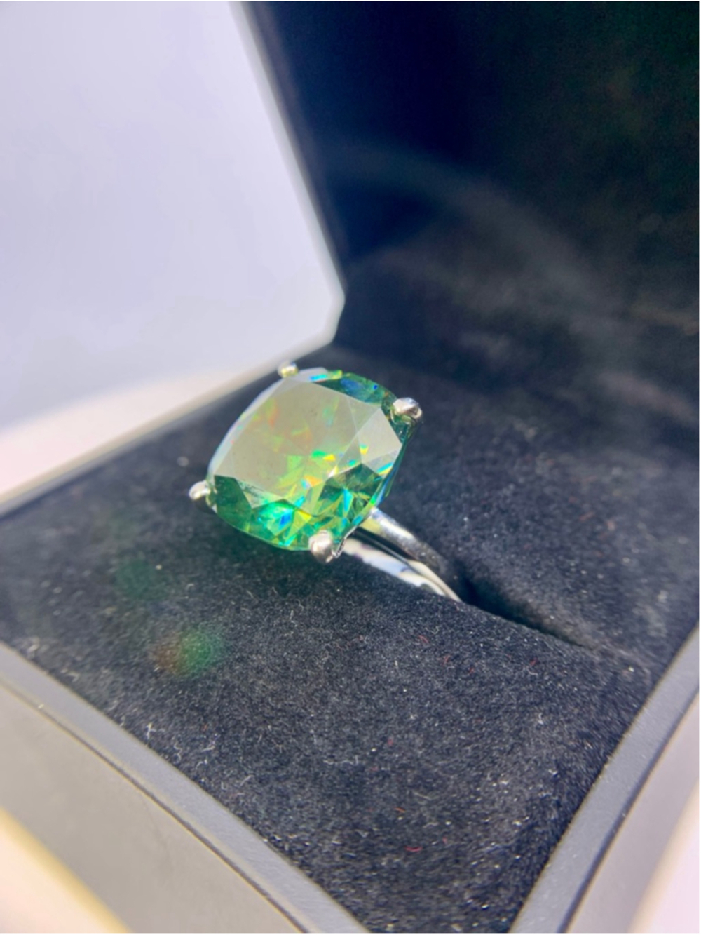 Huge Cushion Cut Moissanite Ring Emerald Green 925 Silver 15 Carat